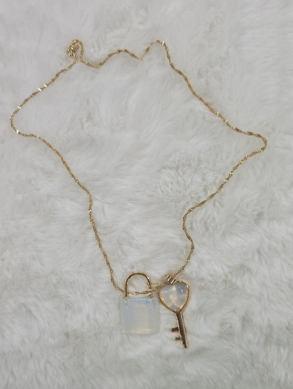 14k Gold Plated Heart Key & Padlock Opalite Pendant Necklace - Women Jewelry